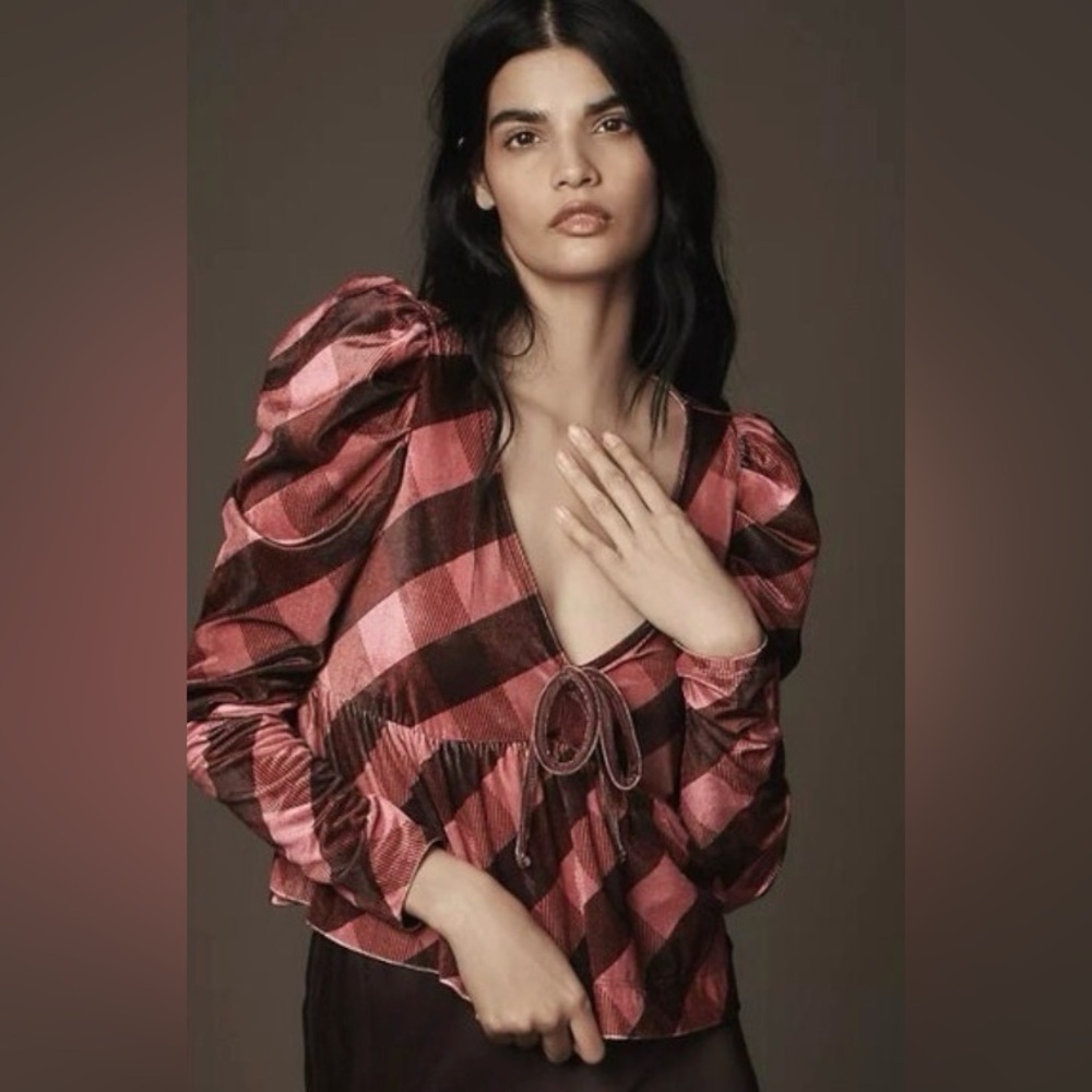 Maeve Plaid Velvet Puff Sleeve Blouse